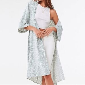 NWT Forever 21 Midi Sage Leopard Print Kimono Duster